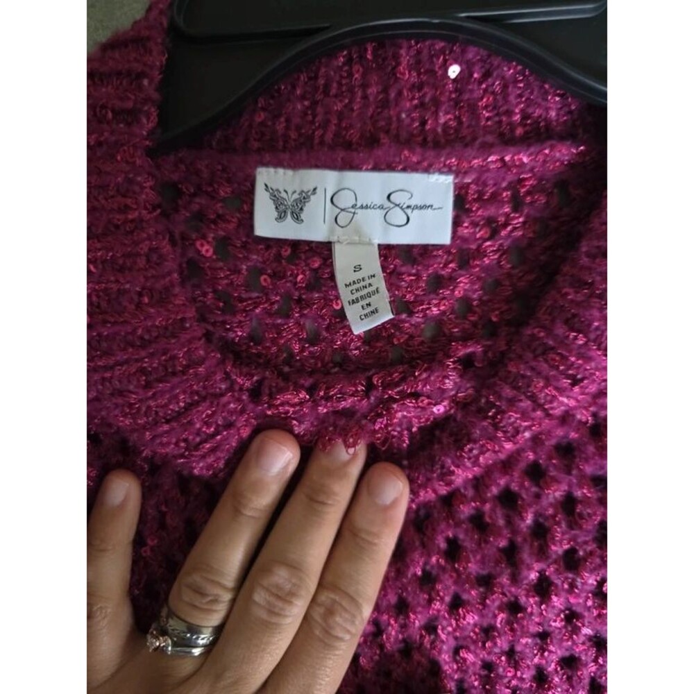 Jessica Simpson Burgundy Sequin Open Knit Sweater – Size S (Ovesize) - Picture 3 of 11